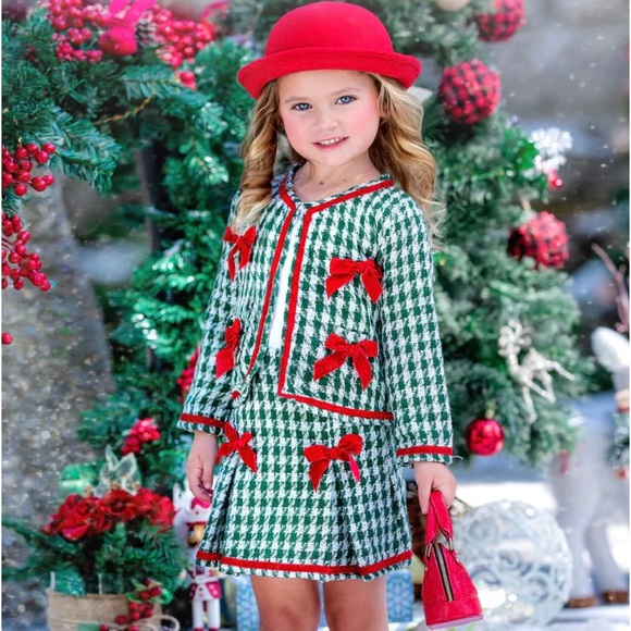 Christmas Matching Outfit Blazer & Pleated Skirt Set With Bows - Picture 3 of 13